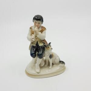 Antique KARL ENS VOLKSTEDT Boy with Flute and Dog Figurine. Made in Germany